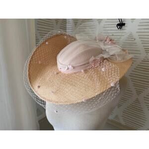 Vintage 70s 80s Sonni San Francisco Pink Flower Straw Fascinator Hat Derby O/S